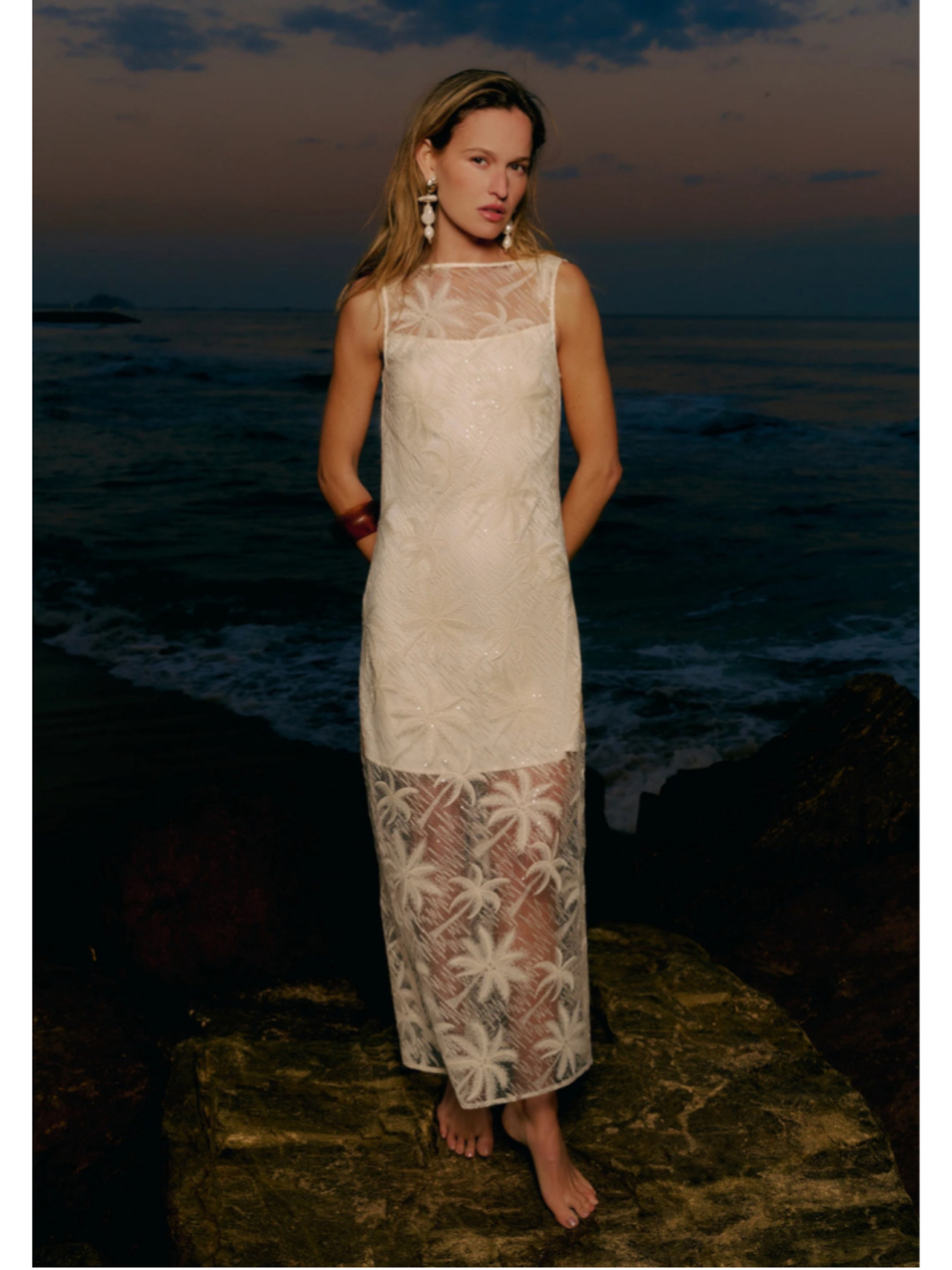 Women's o.p.t Sally Dress Cream Palm Print Embroidered Maxi Dress Size M